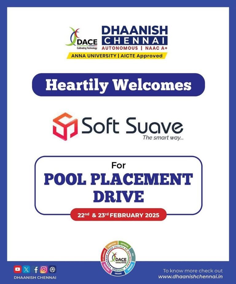 We are delighted to welcome Soft Suave for a Pool Placement Drive on 22nd & 23rd February 2025! This is a golden opportunity for our students to showcase their skills and step into the corporate world. 💼✨