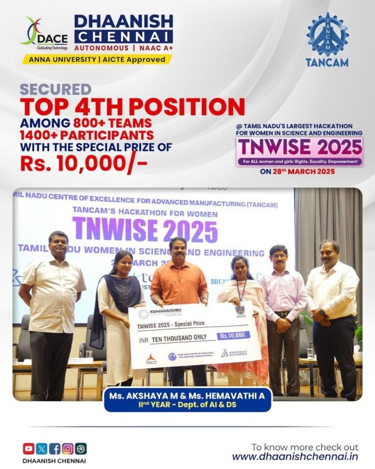 Congratulations to Ms. Akshaya M & Ms. Hemavathi A from II Year – Dept. of AI & DS for securing TOP 4th POSITION among 800+ teams & 1400+ participants at Tamil Nadu’s Largest Hackathon for Women in Science & Engineering – TNWISE 2025!