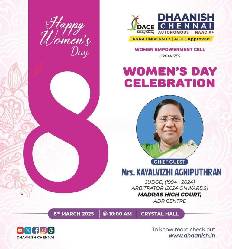 We are honored to welcome Mrs. Kayalvizhi Agniputhran as our Chief Guest 👩‍⚖️. She has served as a Judge (1994 – 2024) and now continues her journey as an Arbitrator (2024 onwards) at the Madras High Court, ADR Centre ⚖️