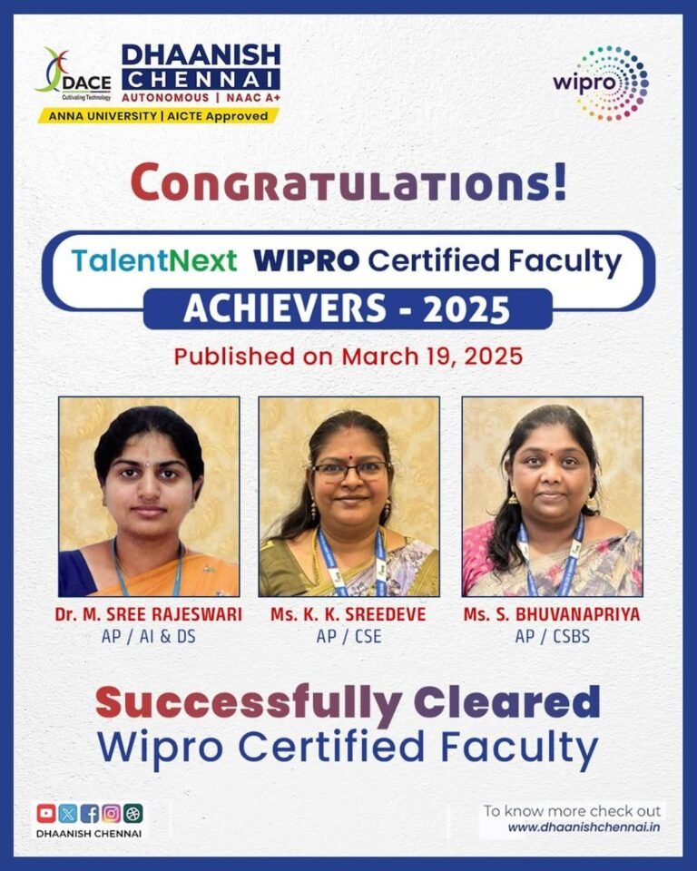 Dhaanish Chennai is proud to celebrate the remarkable achievement of our faculty members who have successfully cleared the TalentNext Wipro Certification! 🌟📚