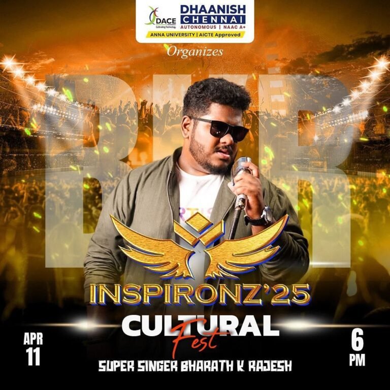 Catch the sensational Super Singer Bharath K Rajesh LIVE at INSPIRONZ’25 – our grand Cultural Fest!Get ready for a night of soul, sound, and unforgettable energy!